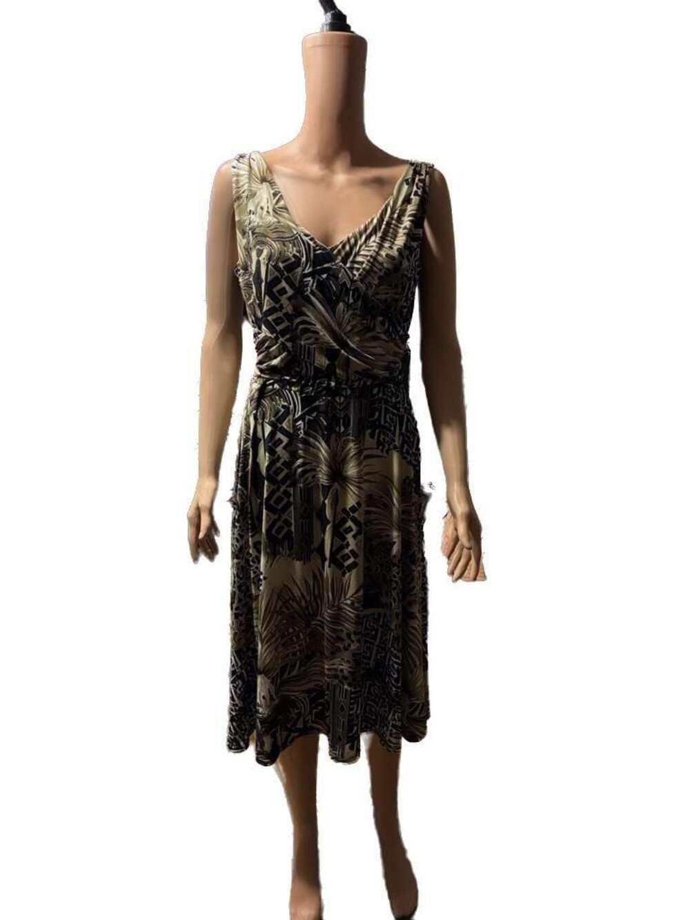 Libra Sleeveless Wrap Front Mixed Tropical Geometric Print Midi Dress Size M